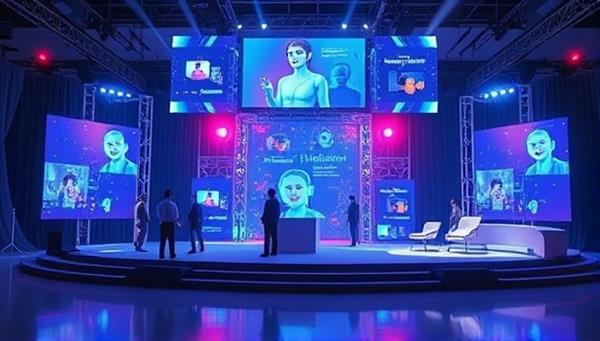 An imaginative virtual event setup with holographic displays, interactive avatars, and a futuristic digital stage, symbolizing innovative virtual event planning.