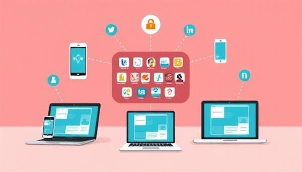 An illustration of various devices (smartphones, laptops, tablets) connected through a central hub displaying integrated communication apps and tools, symbolizing the seamless connectivity and unified experience offered by ConnectAll-in-One for cross-platform telecommunication integration.