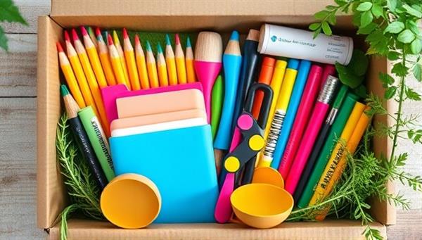 An aesthetically pleasing image of a colorful array of eco-friendly school supplies neatly arranged in a box, surrounded by greenery and natural elements, conveying a sense of sustainability and mindful consumption.