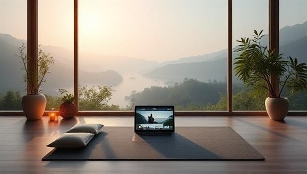 A serene virtual wellness retreat setting with calming nature scenes, yoga mats, meditation cushions, and digital devices displaying wellness content, creating a tranquil and inviting online wellness experience.