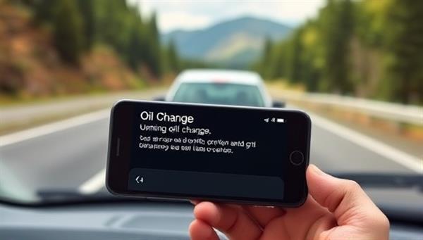 A smartphone displaying a notification with a car icon, reminding the owner about an upcoming oil change, set against a backdrop of a well-maintained vehicle on a scenic road, symbolizing peace of mind and efficient car care.
