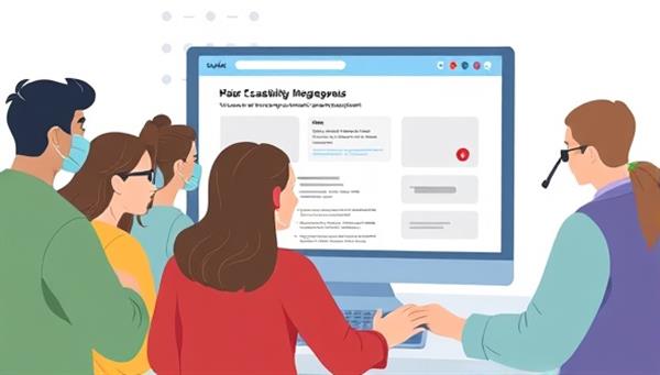 An illustration of a diverse group of people interacting with a website interface through various assistive technologies like screen readers, voice commands, and keyboard navigation, showcasing the inclusive and accessible design features powered by AccessiGenius.