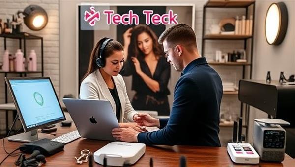 A virtual tech support scene showcasing a professional assisting a beauty professional with setting up and troubleshooting beauty tech equipment, surrounded by beauty devices and tools, highlighting the expertise and assistance provided by BeautyTech Assist in resolving technical issues.