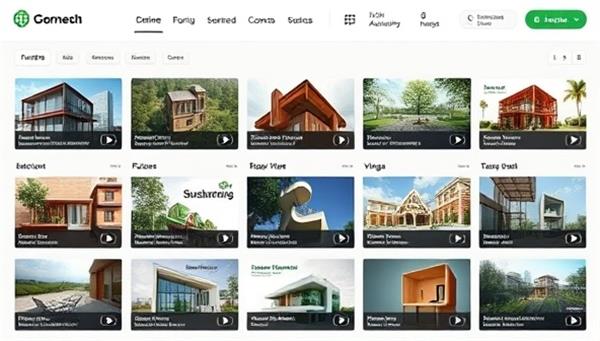 An online learning platform interface showcasing a diverse range of sustainable architecture courses, featuring interactive modules, video tutorials, and downloadable resources, promoting eco-conscious design education and professional development.