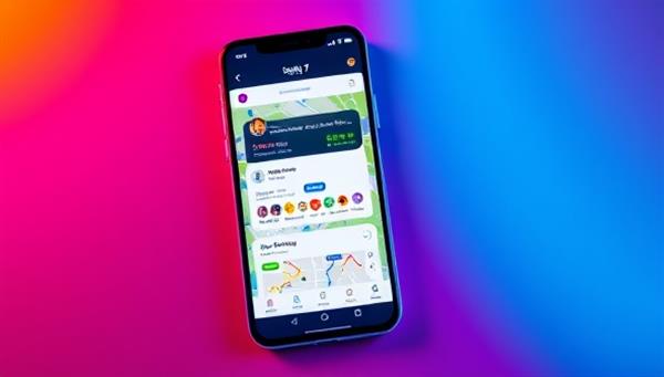 A vibrant digital interface displaying a carpooling platform on a smartphone screen, showcasing colorful profiles of matched riders and drivers, with interactive map features and real-time updates, illustrating the convenience and connectivity of the community carpooling service.