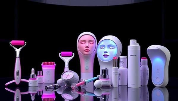 A modern image featuring a variety of cutting-edge beauty tech devices, including facial rollers, LED masks, and skincare tools, displayed in a sleek and futuristic setting, highlighting the intersection of beauty and technology in the virtual beauty tech assessment service.