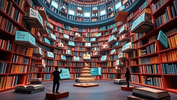 An imaginative scene featuring a virtual library filled with floating books, each representing a different interactive story world, with avatars exploring and engaging with the dynamic narratives, showcasing the diversity and creativity of storytelling experiences on the platform.