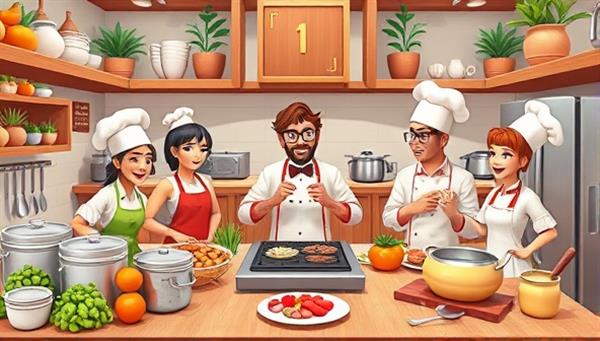 A dynamic kitchen scene with various ingredients, utensils, and cooking equipment, surrounded by animated avatars of chefs and contestants engaged in a virtual cooking competition, exuding creativity and culinary passion.