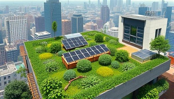 A stunning visualization of an urban rooftop garden filled with lush greenery, solar panels, and recycled materials, showcasing the harmonious blend of nature and sustainability in a cityscape.