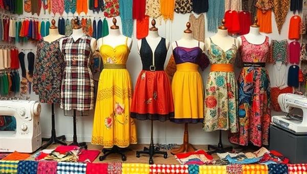 An artistic display of upcycled clothing designs on mannequins surrounded by vibrant repurposed fabric scraps and sewing tools, conveying the creativity and sustainability ethos of the fashion studio.