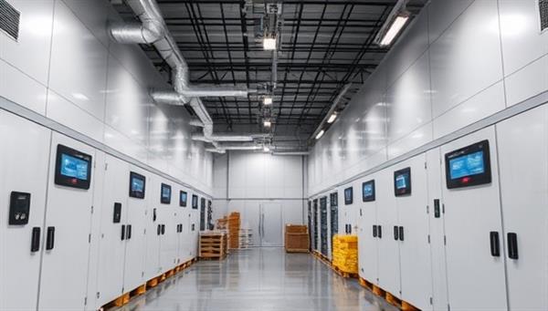 A modern temperature-controlled warehouse interior with specialized cooling systems, digital temperature monitors, and neatly arranged products that require specific storage conditions, emphasizing the precision and reliability of ChillZone Storage for sensitive inventory.