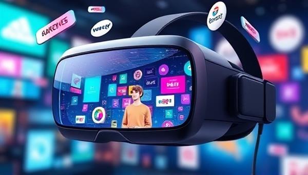 An artistic depiction of a virtual reality headset displaying a vibrant and interactive advertising scene, with floating brand logos and animated product demonstrations, illustrating the captivating nature of VR advertising experiences.