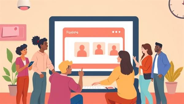 An animated graphic depicting a group of diverse local business owners interacting and collaborating on a digital platform to create and launch joint social media ad campaigns, symbolizing unity and collective marketing efforts within the community.