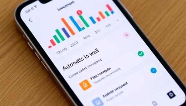A smartphone screen displaying the TinyInvest App interface with colorful investment charts, a progress tracker showing small incremental gains, and a user setting up automatic investments, conveying simplicity and accessibility in investing.