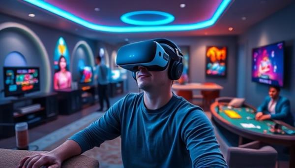 A futuristic living room setup with a person wearing a VR headset, fully immersed in a virtual casino environment, surrounded by digital representations of casino games and fellow players, capturing the essence of the VR Casino Experience.