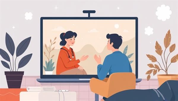An emotionally resonant digital illustration depicting a virtual therapy session, with a therapist and client engaging in a heartfelt conversation on-screen, surrounded by calming nature elements and comforting digital symbols, conveying a sense of empathy and healing in mental wellness support.