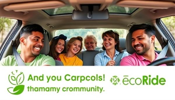A vibrant and diverse group of people sharing a car ride, smiling and conversing while surrounded by lush greenery and eco-friendly slogans, highlighting the community and environmental benefits of carpooling with EcoRide.
