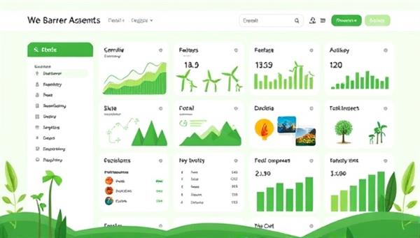 An eco-friendly investment platform interface showcasing a diverse portfolio of sustainable assets, with vibrant green visuals, renewable energy icons, and impact metrics displayed, creating a visually appealing and socially responsible investment environment.