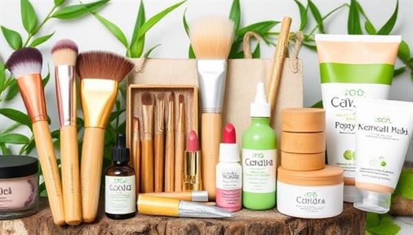 A visually appealing collage of sustainable beauty products like bamboo makeup brushes, refillable lipstick containers, and biodegradable skincare packaging, arranged in a nature-inspired setting to convey the eco-friendly ethos and product variety offered by EcoGlam Hub.