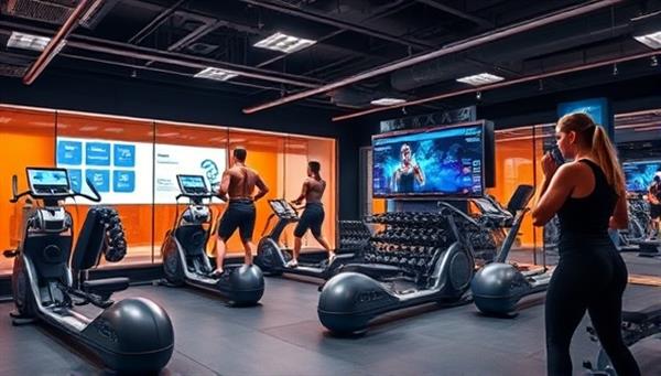 An innovative gym setting equipped with FitTech Innovations smart fitness equipment, featuring AI-integrated workout machines, personalized training programs displayed on screens, and individuals engaging in high-tech workout routines, illustrating advanced fitness technology and performance tracking capabilities.