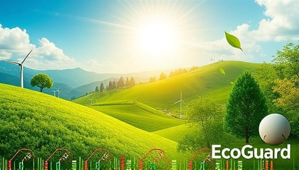 An eco-friendly insurance campaign featuring vibrant green landscapes, renewable energy symbols, and sustainable living icons, representing the environmentally conscious and innovative approach of EcoGuard Insure in providing sustainable insurance coverage.