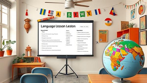 A vibrant online classroom setting with a virtual whiteboard displaying language lessons, cultural decorations from around the world, and a globe highlighting different countries, creating an immersive and interactive environment for language learning consultancy sessions.