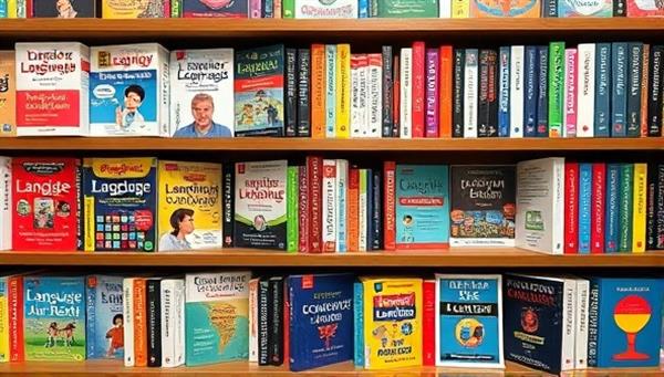 An array of language textbooks, dictionaries, and language learning tools displayed on virtual shelves with colorful spines and vibrant cover designs, representing the diversity and richness of language learning resources available in the virtual bookstore.
