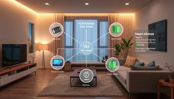A modern living room setting with smart home devices interconnected and controlled through a central hub, displaying energy consumption data, cost savings statistics, and environmental impact visuals, illustrating a seamless and eco-conscious home automation experience.