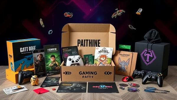 An enticing subscription box design featuring gaming-themed merchandise, collectibles, and accessories arranged in a visually appealing layout, creating a sense of anticipation and excitement for subscribers.