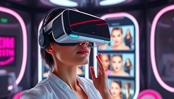 A futuristic virtual reality makeup try-on experience, featuring a user wearing VR goggles and virtually applying different makeup looks on a digital mirror, surrounded by a sleek and modern VR environment, highlighting the innovation and excitement of the app.