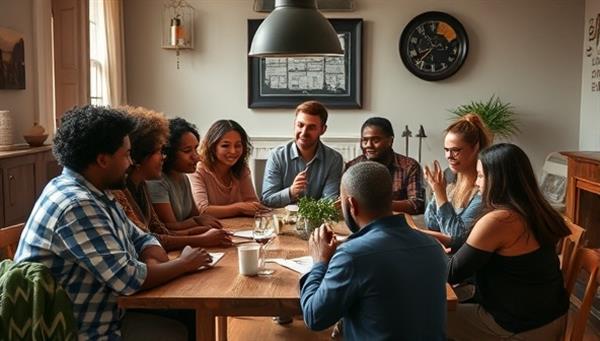 An image of a diverse group of neighbors gathered around a table discussing real estate investment opportunities in their community, symbolizing the collaborative and inclusive nature of Neighbors Invest Collective in neighborhood development projects.