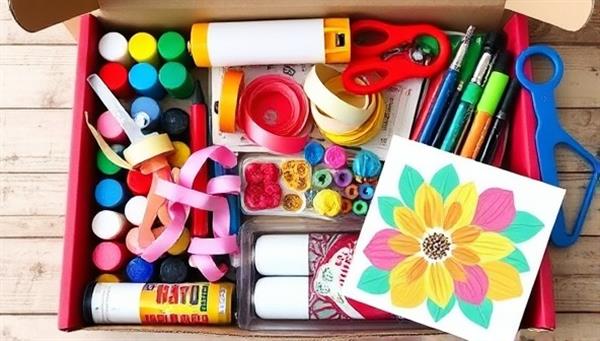 An assortment of colorful craft supplies neatly arranged in a subscription box, including paints, ribbons, beads, and crafting tools, accompanied by a beautifully crafted project displayed as an example of the creative possibilities within each box, inspiring crafters to dive into their next DIY creation.