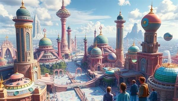 An imaginative and futuristic VR theme park concept art depicting a sprawling virtual world with towering VR attractions, colorful landscapes, and diverse gaming zones, showcasing the immersive and thrilling experiences awaiting visitors in the virtual reality theme park.