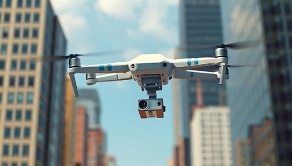 An artistic rendering of a sleek drone soaring through the sky with a small package underneath, against a backdrop of city skyscrapers, emphasizing speed, efficiency, and advanced technology in delivery services.