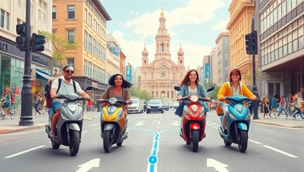 An artistic illustration of tourists joyfully riding electric scooters through a bustling city street, with landmarks in the background and a map overlay indicating the GPS-guided route.