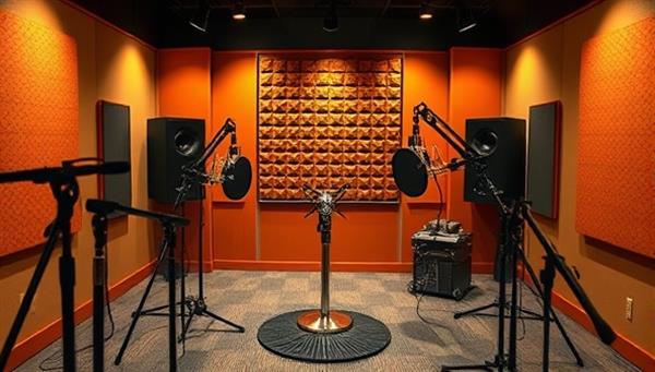 An artistic depiction of a podcasting studio with microphones, soundproofing panels, and recording equipment, reflecting a professional and engaging environment for producing high-quality real estate podcasts that inform, entertain, and inspire listeners.