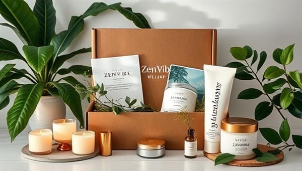 An elegant and serene image of the ZenVibe Wellness subscription box, featuring lush greenery, soothing candles, a relaxation guide, and luxurious self-care products arranged in a visually appealing display, evoking a sense of tranquility and well-being.