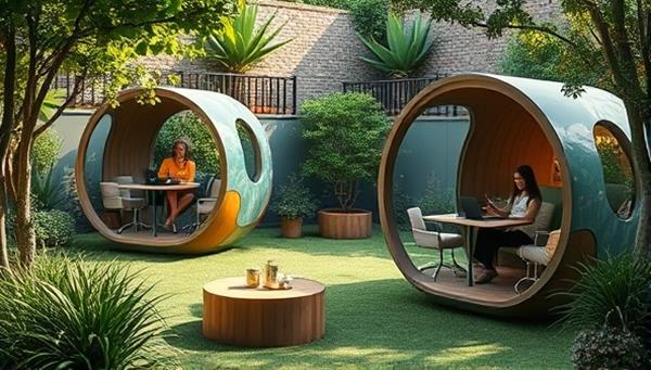 An image of a serene outdoor setting with stylish, modern work pods surrounded by greenery and natural elements, featuring individuals working comfortably in a peaceful and inspiring environment, blending work with nature.