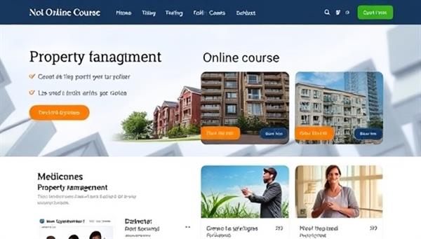 An online course platform interface showcasing modules on property management, with engaging visuals and interactive elements, indicating a comprehensive and professional training program.