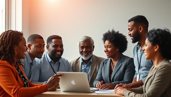 An inspiring image of diverse individuals, including lawyers and clients, engaging in meaningful conversations and consultations online through ProBono Connect, fostering a sense of community and empowerment.
