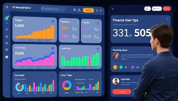 An interactive interface showcasing the MoneyMentor AI platform with colorful graphs, budget breakdowns, investment suggestions, and financial goal trackers, alongside a user receiving personalized finance tips and recommendations, conveying the user-friendly and informative nature of the personal finance assistant.