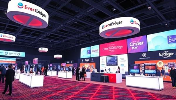 An immersive digital illustration of a virtual event space with branded sponsor booths and interactive elements, showcasing the innovative and engaging sponsorship opportunities available through EventBridger.