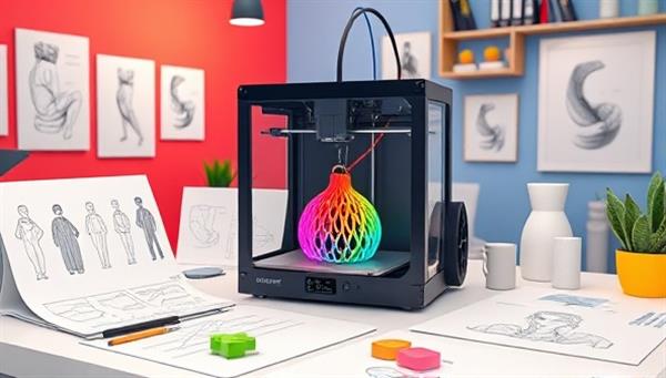 A vibrant and modern workspace with a 3D printer in action, creating a colorful and intricate accessory, surrounded by design sketches and digital mock-ups, showcasing creativity and customization.