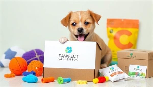 An adorable puppy eagerly unboxing a Pawfect Wellness Box, surrounded by colorful toys and treats, capturing the excitement and joy of receiving the subscription package.