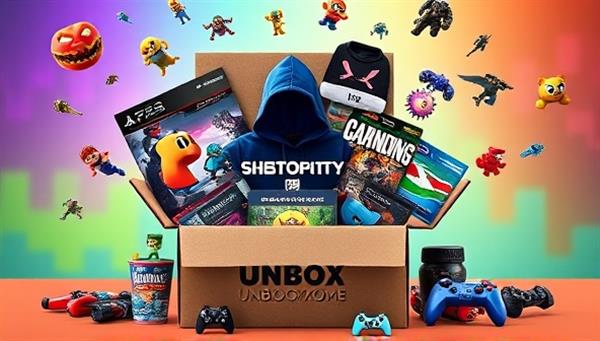 A vibrant and colorful image showcasing a variety of gaming-themed items spilling out of an open subscription box, including game figurines, apparel, digital codes, and gaming accessories, creating an exciting and personalized unboxing experience for subscribers.