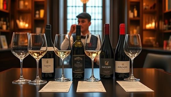 An elegant virtual wine tasting setup with a selection of wine glasses, bottles of wine, tasting notes, and a sommelier guiding participants through a tasting session, creating a sophisticated and immersive wine experience.