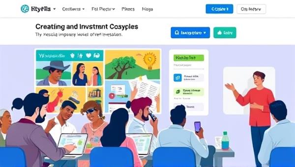 A vibrant crowdfunding platform interface featuring diverse impact projects seeking funding, engaging visuals showcasing the outcomes of past investments, a diverse group of impact investors browsing project listings on laptops and smartphones, and a social entrepreneur pitching a sustainable initiative to a panel of investors, creating a dynamic and purpose-driven investment ecosystem.