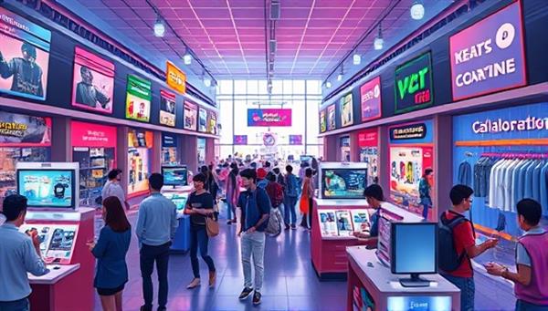 An artistic rendering of a virtual marketplace bustling with gamers and designers exchanging creative ideas and showcasing their merchandise designs, with colorful digital displays of game-inspired products and collaboration spaces, illustrating the vibrant and interactive nature of the platform.