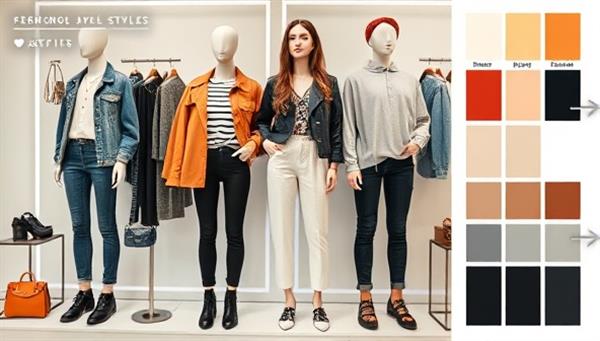 A digital collage of stylish outfit combinations displayed on a virtual mannequin, surrounded by fashion accessories and color palettes, reflecting a trendy and personalized styling experience.