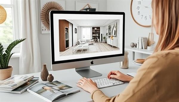 A virtual room design studio with a designer creating a digital mood board, a computer screen displaying a 3D room rendering, design magazines, fabric swatches, and decorative elements, capturing the essence of virtual interior design consultation and creativity.